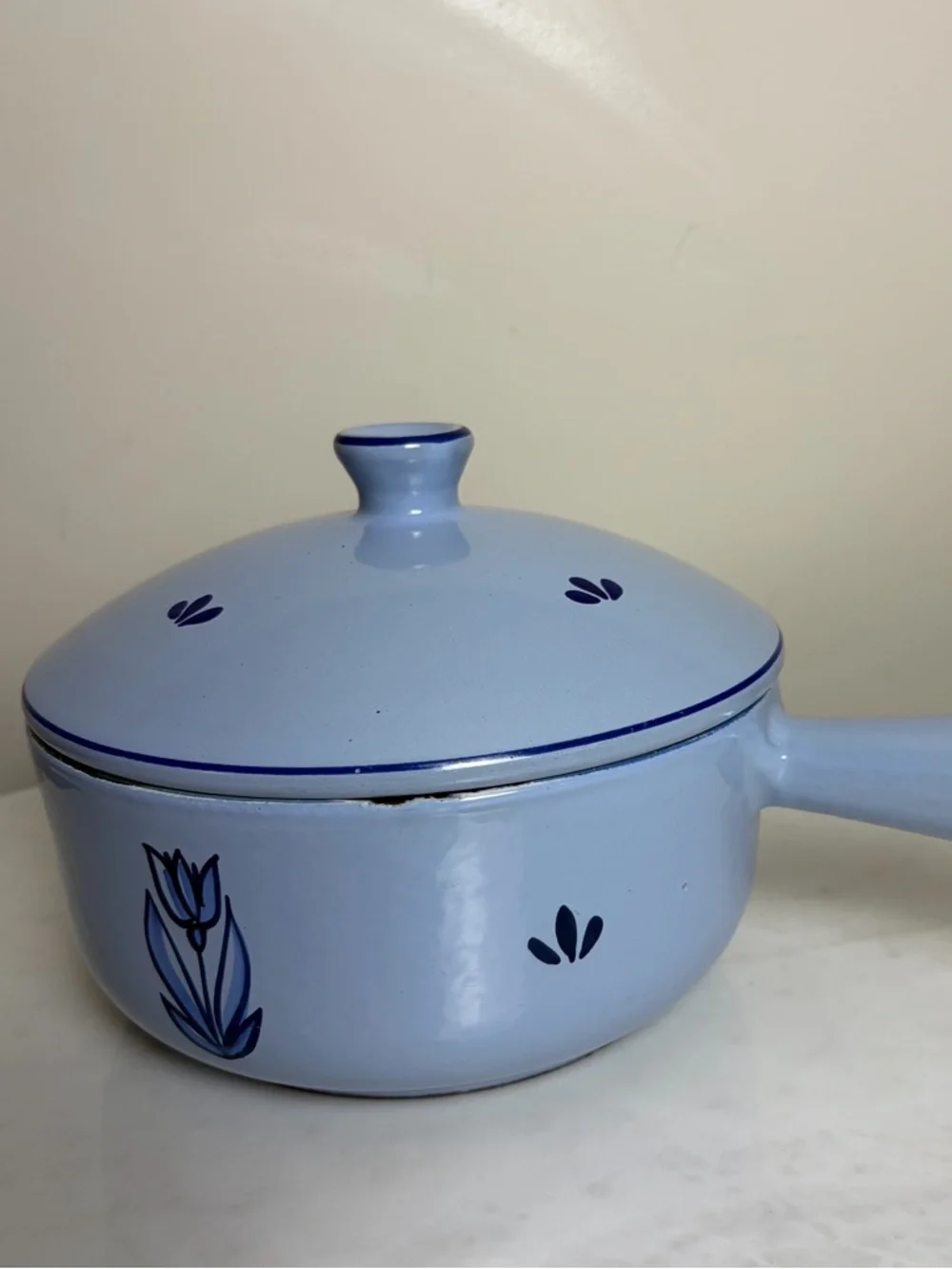 Vintage DRU Holland Blue Tulip Enamel Cast Iron Saucepan Pot Lid 4031-16 50s 6